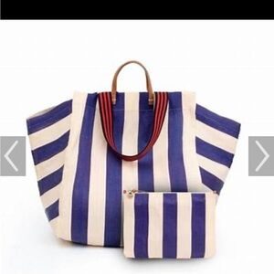 Clare V Purple and Cream Striped Tote with Leather Handles